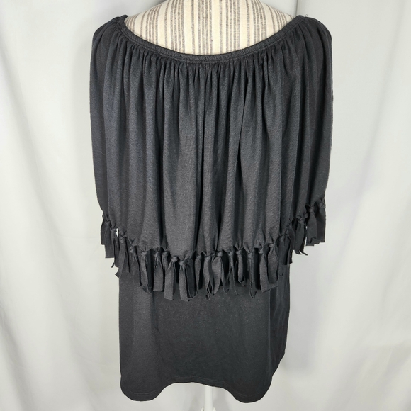 Notations Black Short Sleeve On/Off Shoulder Knotted Fringe Hem Top Size XLarge - Picture 6 of 8